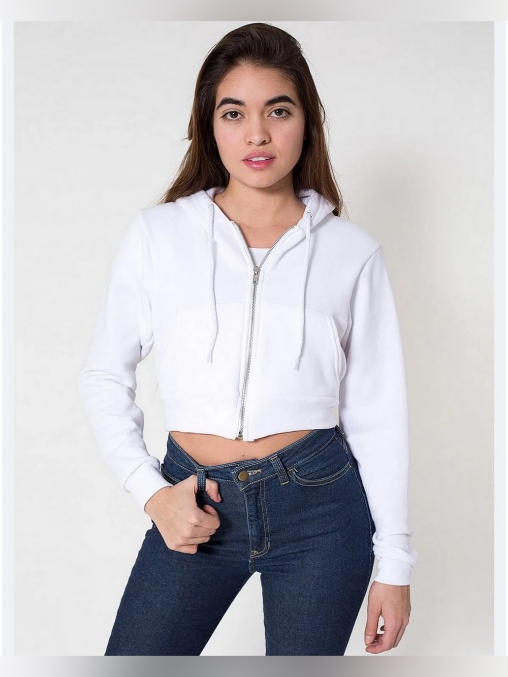American Apparel White Cropped Zip Up Hoodie